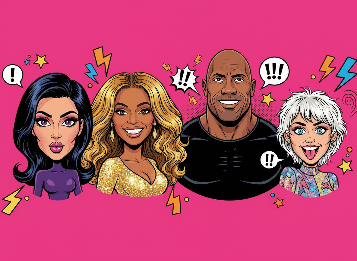 Wide comic-book style banner strip on a vivid hot-pink background featuring four cartoon celebrity caricature faces side by side: Kim Kardashian, Beyoncé, Dwayne “The Rock” Johnson, and Ariana Grande. Bold ink outlines, flat saturated colors, halftone dot shading, gossip-magazine bubblegum vibe.